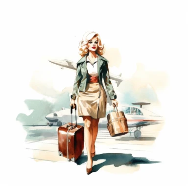 vintage pin up girl pulling luggage walking through airport, watercolor clipart