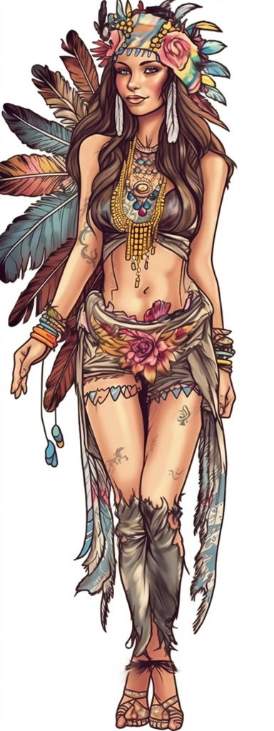 woman in standing fashion pose clipart, Bohemian, exotic, brown eyed and brown haired woman with a colorful indian chief headdress with long feathers on her head, standing fashion pose with cowboy boots, lotus choker, large earrings, tattoos, hands in prayer, wearing her heart on her sleeve, watercolor illustration, in th e style of Job ID: 604300f4 - 6984 - 4a9a - aa16 - 00313a985d77 Seed: 1300855054