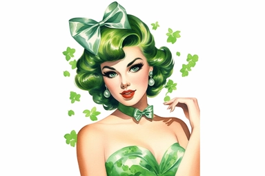 1950s Pin up girl st patricks day green shamrocks watercolor clipart