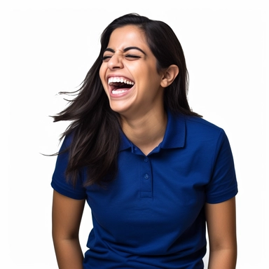 photo-realistic beautiful and physically fit Hispanic woman, age 25, wearing a royal blue polo shirt, laughing at a very funny joke, waist level showing on white background for vector clipart
