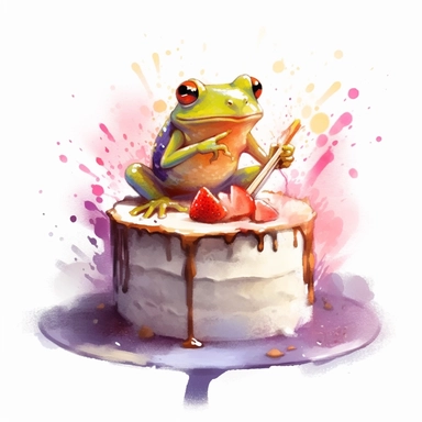 Create a watercolor illustration clipart of a playful cute Frog Eating a delicious cake, with its full body visible. Use soft, flowing brushstrokes and a warm, inviting color palette to create an image that is both charming and whimsical. Incorporate intricate details like the motion of the Frog Eating a delicious cake to create a lifelike, realistic image. Can add other elements to the illustration like related item to play to create playful scene. Use white background to allow the watercolor t
