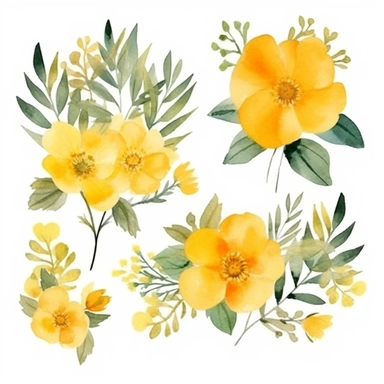 watercolor, handpainted yellow boho floral clipart, transparent background, spaced out--ar 3:2