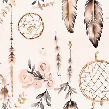 Draw a watercolor-style clip art images that feature objects related to an aesthetic adorned with floral designs. The images should have aesthetic, and should incorporate elements such as watercolor [gold] whimsical and cute illustration in watercolor of boho dreamcatchers with black ornaments, in a Scandinavian folk art style with botanical and swirl motifs. light pink gold colors Traditional with a modern twist watercoloritem collection, isolated on a white background, classy, simple, graphics