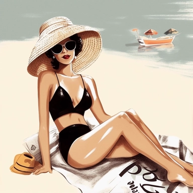 portrait view, full view, clipart illustration, beautiful lady sunbathing on beach, exact image, sharp focus, high detail, (--iw 5)