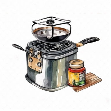 watercolor, camp stove - Clip art of a camping stove or cooking gear. png Full body realistic cartoon in 32K UHD cute. 15 cm thick outline. Black color. There was no shadow on the ground. 8k with realistic watercolors and detailed illustrations. PNG clipart, transparent white background