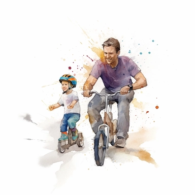 Image of a father teaching his child to ride a bike or skate, water color style, clipart, white background