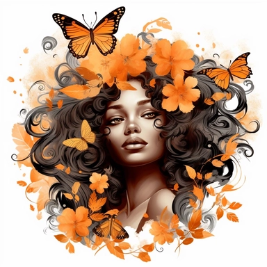 Black Angel Floral Clipart, Skin tone Amber color, curly hair, Hair Above Butterfly And floral design, Multi colors design clipart high resolution, white background