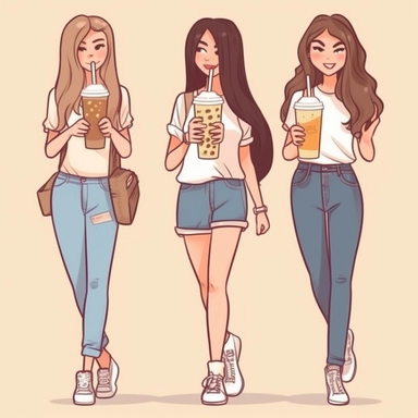Clipart of three bestfriends, cute, girlfriends, walking side by side, facing backward, each with a different long hairstyle, wearing fitted white tshirts and white sneakers, holding up iced coffees, happy, isolated on a transparent background