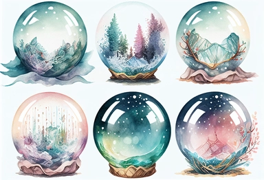 6 magical crystal ball, clipart, water color, deep colours, white background, knolling, border, watercolour illustration style, dreamy, 8k, intricate, illustration, detailed , 8k, png