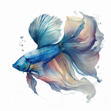 bule with yellowtail betta fish, light watercolor clipart, isolated on white background, James Jean and Peter Mohrbacher, no text, no captions
