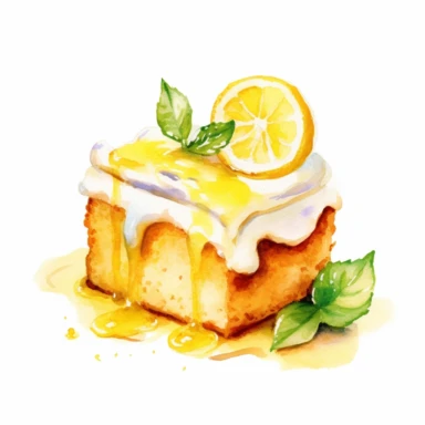 watercolor lemon cake piece with cream top clipart, white background