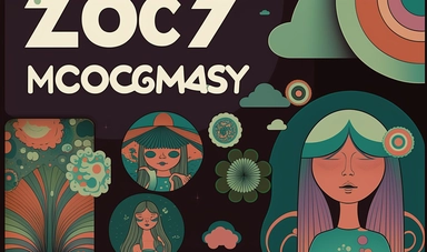 Vector set of 60s and 70s psychedelic clipart. Retro groovy mushrooms, flowers, eyes, sun, moon, butterfly. Cartoon hippie stickers. Vintage boho illustrations. Abstract trippy art as soft ethereal dreamy background, professional color grading, copy space