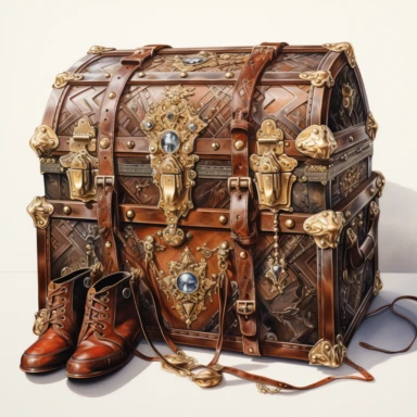 hand drawn , watercolor, hyper realistic, white background, white margins, 16k, ultra detailed clipart, cut out image, hand-drawn, ultra HD, sharp and clean art a vintage treasure chest filled with vintage high heels n the style of clipart