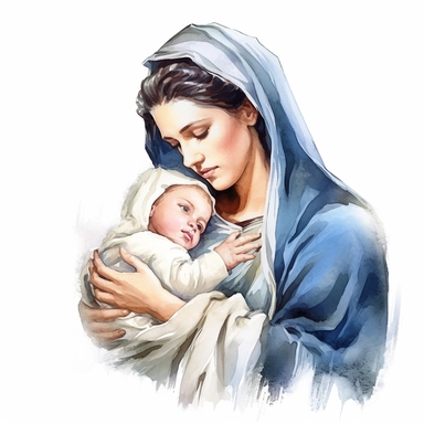 mary holding baby jesus watercolour in the style of digital airbrushing, realistic yet stylized, digitally enhanced, elaborate costumes, 32k uhd, clipart, white background