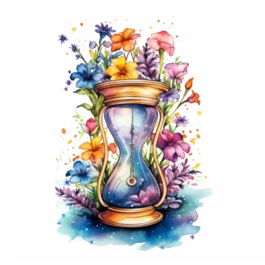 Adorable magical wildflower bouquet on an old hourglass, nebular mix background, clipart, photorealistic illustration, watercolor, high detail, 8k polished, 8k, vibrant colors, sticker, majestic, die cut, white background