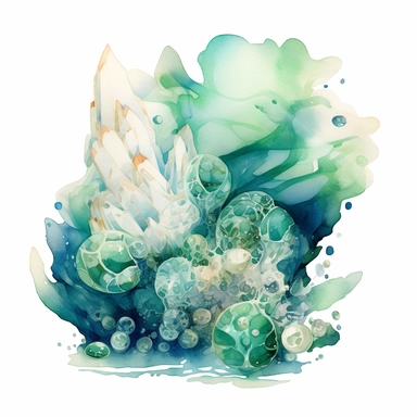 watercolor ocean quarz, in the style of anna dittmann, green and aquamarine, zhang jingna, detailed painting, detailed illustrations, fluid, watery, organic shapes, transparent/translucent medium, isoleted on white background, seashells, clipart , symbolic elements, tinycore, stone, fantasy-based, isoleted on white background, clipart