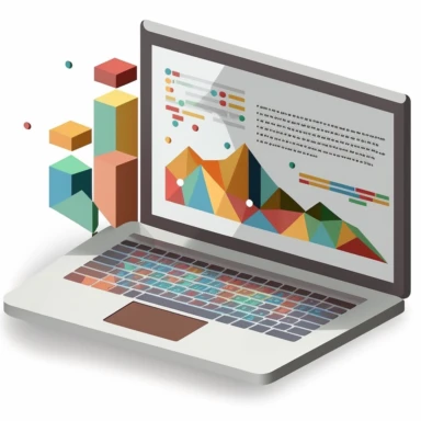a flat clipart that represents data and survey responses within a laptop computer that will be transformed into an infographic