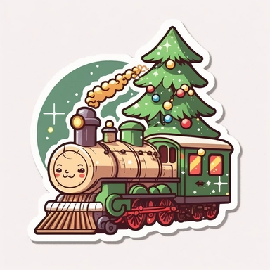 vector sticker design, anime style Christmas Train clipart, white background, flat colors