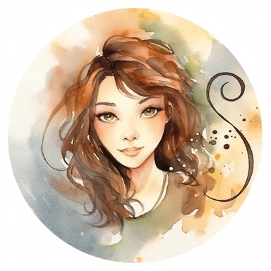 watercolour clipart of a woman, with crazy brown hair, blue-gray eyes, the sweet and scatterbrained dreamer, with a great sense of humor. She immerses herself in the world of digital design, creating exquisite papers for scrapbook albums. Though she may often forget things, her delicate touch and gentle nature shine through her artistry, make her smiling, exalted mood, white background, 8k, f1