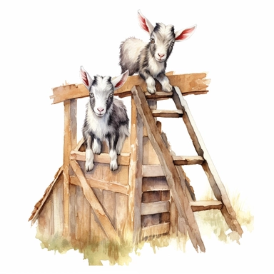 baby dwarf Nigerian goats playing on the A-frame, very detailed and realistic, watercolor, white background with margins, clipart style