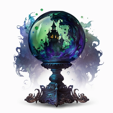 Many Gothic style Magical wizard glass ball with watercolor effect,victorian style candlestick,fantasy scene, suitable for digital clipart,dark colours,purple color,blue color,green color,white background