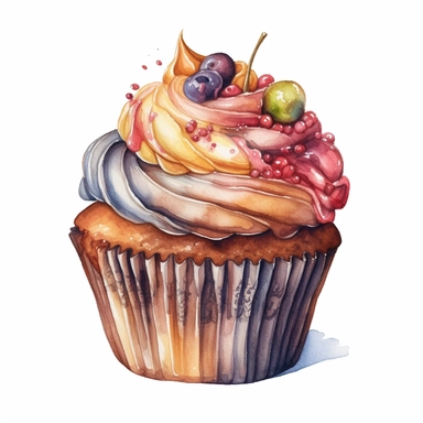 Watercolour of a cupcake, Clipart,Cartoon,hyper realistic, intricate detail isolated on a white background, high quality, sublimation, detailed, cartoon style