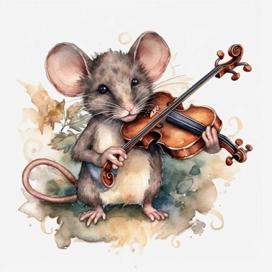 adorable Mouse playing the fiddle, watercolor clipart fantasy magic, old-world clipart