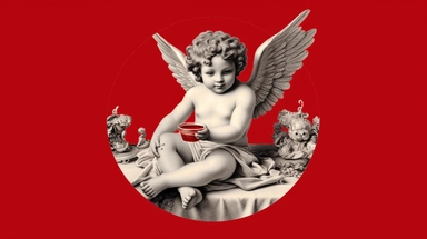 cupid in red shirt holding a drink clipart, in the style of ottoman art, black-and-white graphic, flickr, anthropomorphic animals, aerial view, angular, monumentalism