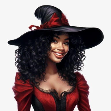 beautiful black victorian witch with curly black hair wearing a pointed witch hat, looking left, victorian hairstyle, victorian witch hat, Victorian era clothing, beatiful smile, realistic inverted portrait white background, high quality, hyper-realistic, witch Clipart,red dress