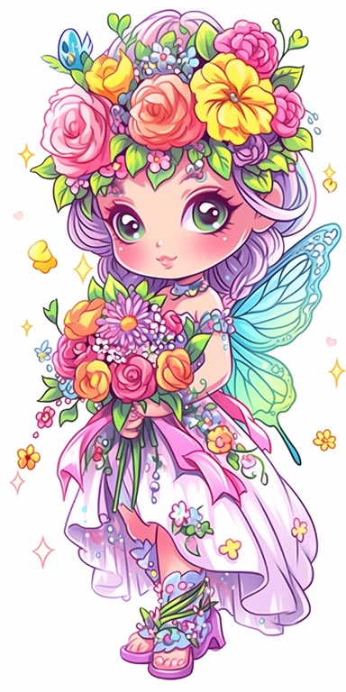 Very cute chibi fairy girl with crown, she has fairy wings, surrounded with flowers and butterflies, she's holding a flower, magical, colorful, vibrant, colors are pink, purple, yellow, green, blue, yellow, 8kon, white background, kawaii, clipart