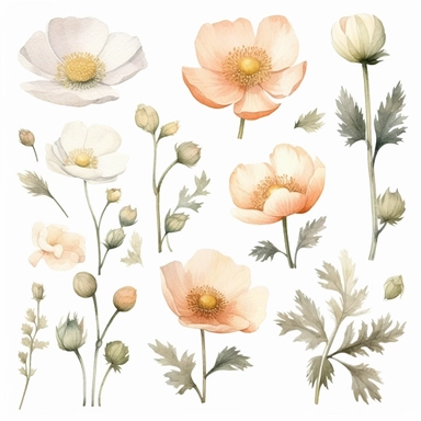 Watercolour clipart white color variations, burnet rose blossom, vintage effect, high quality, soft and muted colours, bright white background, 8k, f1