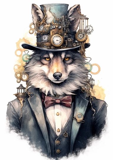 Steampunk Gray wolf clipart, realistic, Watercolor Retro Futuristic Victorian Era, art picture, full body, watercolor, multicolor, white background, lots of details, high quality - 8K,