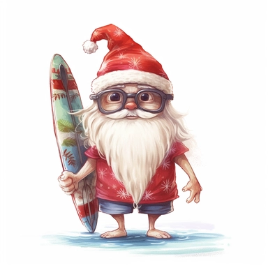 A watercolor painting of cute Santa's red hat in a Hawaiian shirt and sunglasses, holding a surfboard and standing on a beach, cute big eyes, cute detailed digital art, whimsical and cute, cute detailed artwork, glimmering, adorable and whimsical, whimsical art, Clipart style