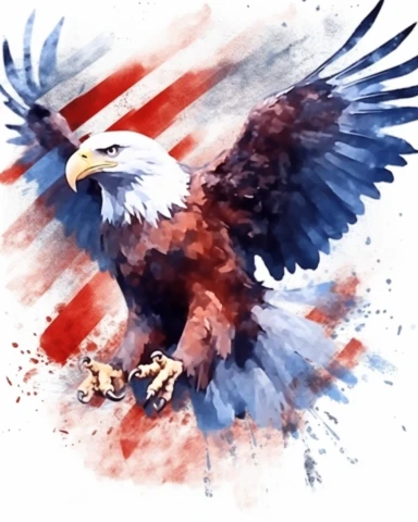 Watercolor American eagle, American Flag, Stars and Stripes, double exposure, integrated, red white and blue, unreal engine, splashed, clipart, white background