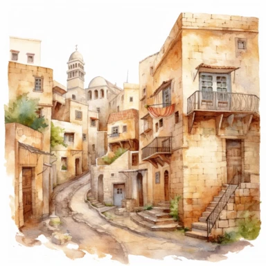 watercolor mardin town in turkiye, illustrations clipart set, simple, , cartoon elements ,different variants , historic stone houses,historic buildings, cobblestone lanes, tone facades of the buildings, Mardin's stone Alleyways separate elements with a margin