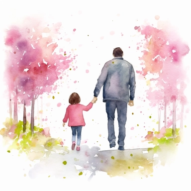 detailed father's day clipart featuring a smiling father and daughter, holding hands while walking in a garden full of vibrant flowers and blooming trees, capturing the love and warmth between them, Watercolor painting, using soft pastel colors and light brush strokes to create a dreamy effect water color father, super cute, solid white background, clipart , fatherhood