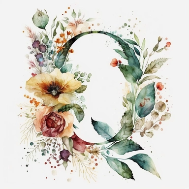 Watercolor botanical flower letter Q, clipart, colorful, white background