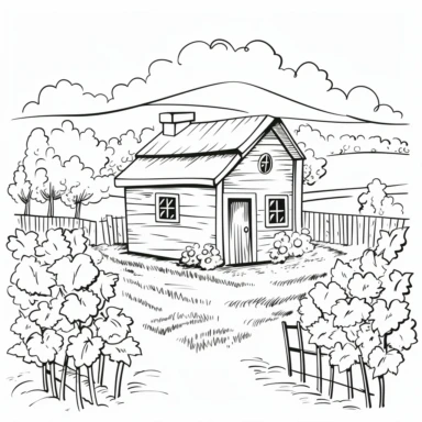 a line clipart style minimlist drawing of a log cabin in a vineyard in black and white