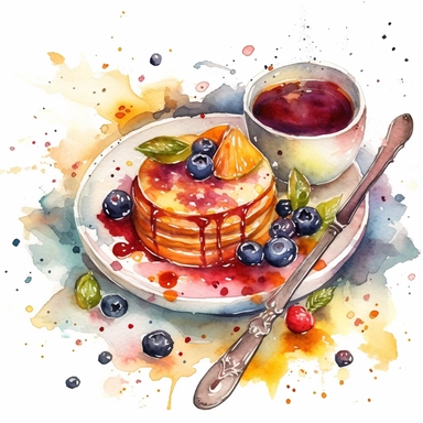 Design a watercolor clipart of a delicious meal, complete with plates, cutlery, and steam rising from the food, white background
