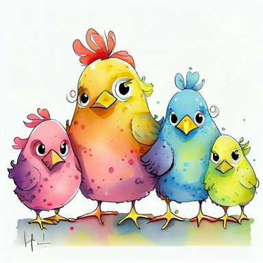funny pink, yellow, blue, orange, and green chickens with hen mom, WITH BEAUTIFUL LEGS, like a best friend, cartoon style, white background, black outside lines, designs, white background, watercolor pencil drawing, small details, digital art, clipart, super acurate, –testp, pixar,