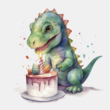 High resolution, cute dinosaur holding birthday cake, watercolor clipart, completely white background