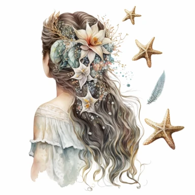 Boho nautical style, wedding bride, back view, seastar, seashell, fantasy, white background, watercolor, hyperrealism, high detail, separate elements, set, clipart