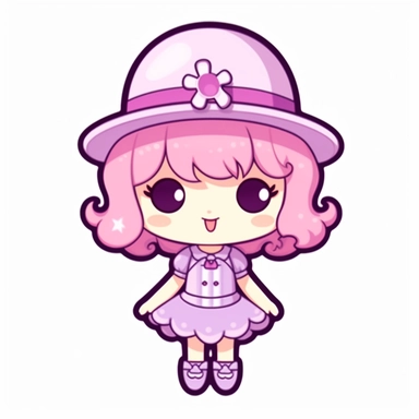 kawaii happy character in cute purple candy outfit with hat and dress, single clipart on white background, sanrio style characters, svg, eps,