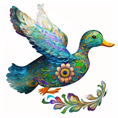 psychedelic cute flying real flower duck art nouveau, bright colours, clipart, centred, white background