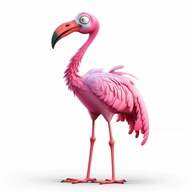 clipart of a crazy pink flamingo, there is a funny face on it, long skinny legs, cartoon, for kids, funny, pixar, 8k, white background, sharp focus, detailed,