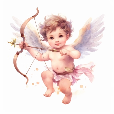 Fantasy Style Ancient Roman style Young happy Boy Cupid God flying sky and holding arrow and bow with watercolor effect,pinky cheeks,beautiful white little wings,suitable for digital clipart,white background,Mythologic Scene,Ancient roman fashion