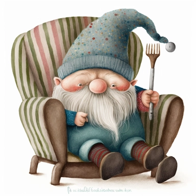A watercolor painting of a grandad gnome sitting in an armchair, grandad Gonk, cute gnome grandpa, golfing gnome, cute detailed digital art, inspired by nicoletta ceccoli, by Kubisi art, whimsical and cute, by nicoletta ceccoli, cute detailed artwork, glimmering, adorable and whimsical, whimsical art, Clipart style, png style, svg style, blank white background, a solid white background