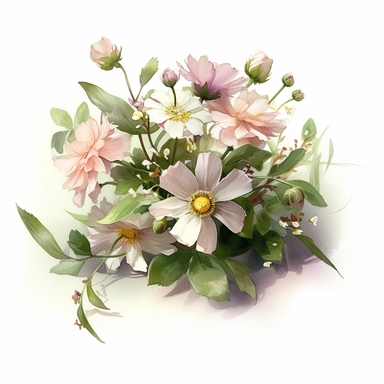 a simple gorgeous wildflowers and flowers corsage with ribbon and greenery on white background clipart, soft pink, cream, blush, and green color theme, watercolor painting realistic, high quality, vibrant, Vicente Romero Redondo, Willem van Aelst, Elsa Beskow