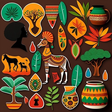 a set of clipart stickers for Ankhara Designs that capture the vibrant and authentic spirit of African culture. The stickers should include a variety of elements, such as tribal patterns, animals, and symbols, that represent the diversity and richness of African heritage. Use bold and bright colors to make the stickers pop and give them a playful and joyful feel. Think about incorporating traditional African fabrics and textiles, such as kente, mud cloth, or Ankara prints, into the designs to fu