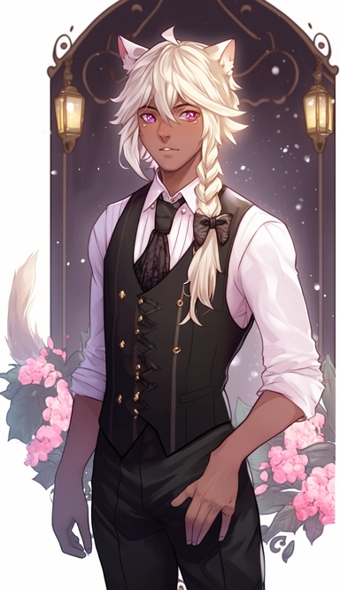 solo, ivory hair, beautiful young boy, decadence, gloomy garden, torches, ikemen, dark skin, hair clip, detailed ornamentation, gray and pink eyes, pink ribbon tie, ivory Modern Mullet hair, ribbon tie ponytail, long bangs, brown shirt, black vest and black pants suit, snow leopard, cat ears, Gothic and antique, botanical art